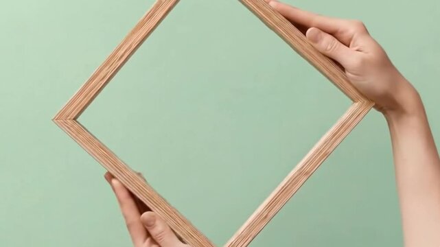 A pair of hands gently holds an empty, natural wooden frame against a clean, pastel green background. The simple, square frame provides a versatile visual element, symbolizing a blank canvas, new oppo