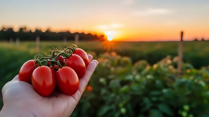 Fresh ripe cherry tomatoes in farmer hand at sunset over organic vegetable garden field. Agricultural harvest concept for healthy eating and farming.