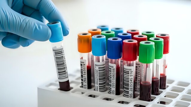 Medical laboratory technician in blue gloves holding blood sample test tube with colorful caps in rack for clinical analysis and diagnostic testing.