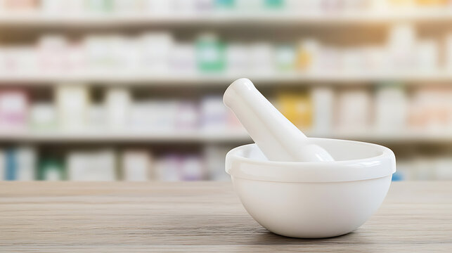White mortar and pestle on wood counter, pharmacy shelves blurred behind. Classic tools for grinding herbs & compounding remedies, symbolizing medicine & natural wellness. - Powered by Adobe