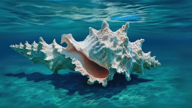 A large, ornate conch shell rests submerged underwater, illuminated by sunlight
