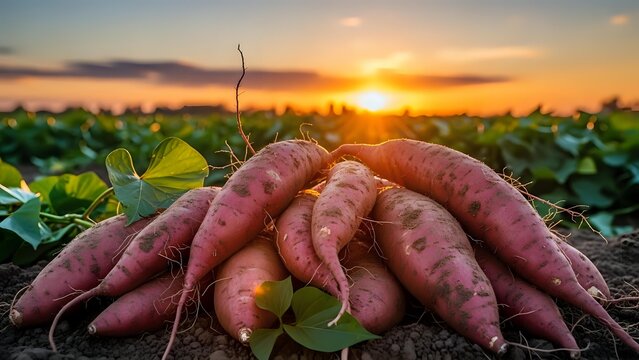 Fresh sweet potatoes harvested at sunset in agricultural field with golden sky background for healthy organic farming and nutrition concepts.