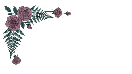 Minimal botanical corner element with roses and fern in deep teal and mauve isolated on white background