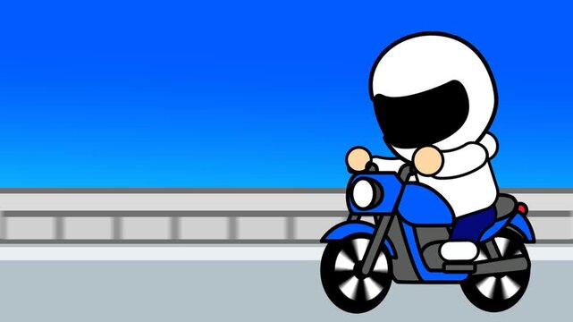 A rider wearing a white helmet travels steadily down a paved road on a blue motorcycle under a clear blue sky in daytime