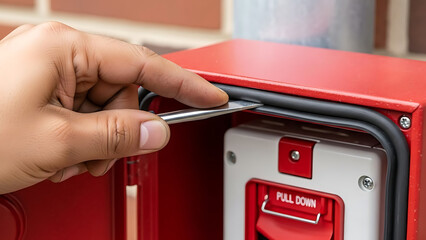 Close up of hand using tool to seal red emergency alert box door rubber gasket