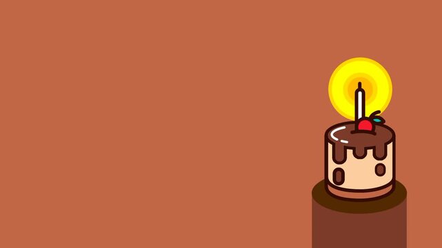 A single chocolate birthday cake sits on a wooden table with one lit candle flickering against a warm brown background scene