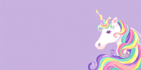 Obraz premium Dreamy unicorn illustration with a colorful rainbow mane and spiral horn, depicted on a pastel purple background, symbolizing magic, fantasy, and childhood wonder