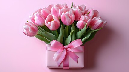 Obraz premium Fresh pink tulips bouquet with gift box and ribbon on soft pink background for spring celebration and romantic occasions.