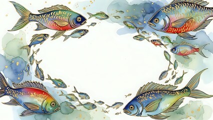 Watercolor fish frame with colorful marine life swimming around white center space for text or design elements on aquatic background.