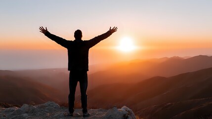 Man silhouette with raised arms celebrating success on mountain peak at golden sunrise. Freedom, achievement, motivation concept for business and personal growth.