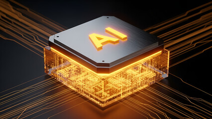Illuminated artificial intelligence processor glows intensely with abstract data streams flowing across a dark digital surface