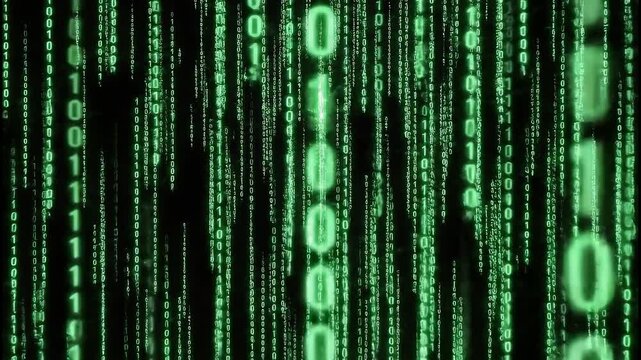Green digital rain of binary code falling in motion