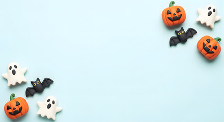 ハロウィンのかぼちゃとお化けとコウモリのかわいいクレイアートフレーム背景