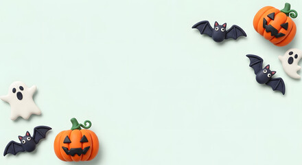 ハロウィンのかぼちゃとお化けとコウモリのかわいいクレイアートフレーム背景