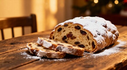 Traditional Christmas Stollen with Raisins and Powdered Sugar on Wooden table. Panorama view