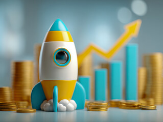 Toy rocket symbolizing startup growth surrounded by stacks of golden coins with rising blue bar chart and yellow arrow representing financial success and investment progr