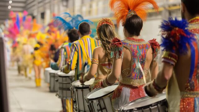 Carnival drummers in vibrant costumes perform in a parade with colorful floats in the background