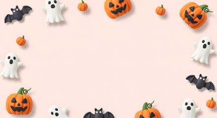 ハロウィンのかぼちゃとお化けとコウモリのかわいいクレイアートフレーム背景