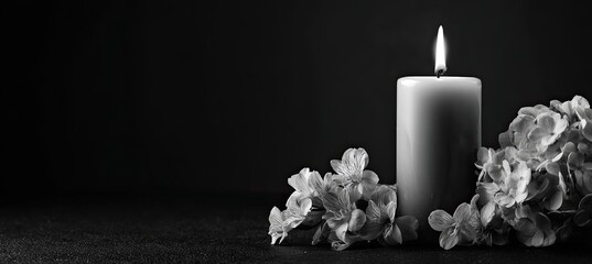 A grayscale image of a candle flame burning brightly, surrounded by flowers, set against a dark background, evoking a sense of solemnity