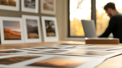 A person is working on a computer near a collection of framed photographs on a wooden table, bathed in sunlight from a nearby window. The scene is serene and artistic.
