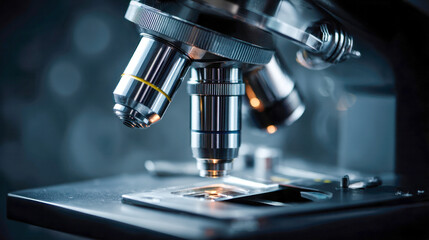 Detailed view of high precision laboratory microscope lenses focusing on sample slide for scientific research and analysis in a modern lab environment