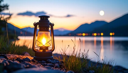 Glowing lantern on a rocky shoreline at dusk, with a lake and mountains in the distance