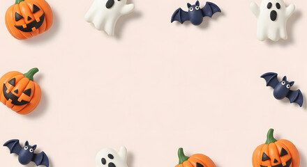 ハロウィンのかぼちゃとお化けとコウモリのかわいいクレイアートフレーム背景