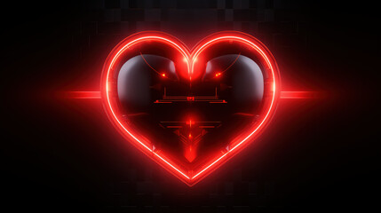 Bright red neon heart symbol glowing against dark background, representing love and passion with modern digital touch