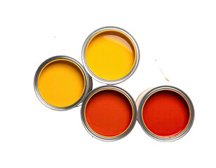 Four open paint cans, shades of yellow and orange
