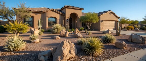 Beautiful southwestern style home with drought tolerant desert landscaping. arizona front yard
