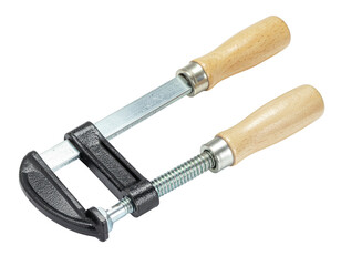 Woodworking clamp with a steel bar and wooden handles