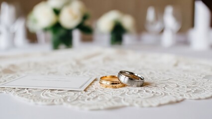 Elegant wedding rings sit side by side on a beautifully decorated table