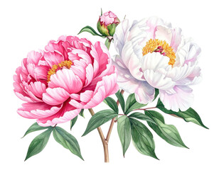 Pink & white peonies, golden centers, green bud on stems