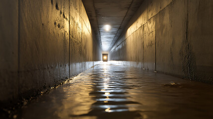 A flooded, concrete tunnel stretches into the distance, illuminated by dim lights overhead and a bright opening at the far end. The water reflects the light, creating a sense of depth.