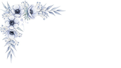 Minimal elegant watercolor corner design featuring anemones and baby's breath in pastel blue and lavender isolated on white background