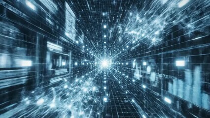 AI data flow corridor with analytics screens, binary code and glowing network core - Powered by Adobe