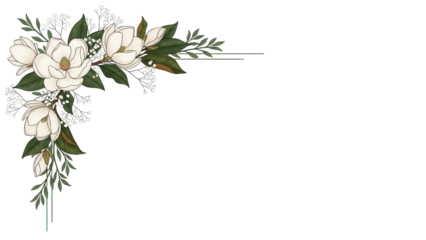 Minimal elegant botanical corner frame featuring magnolia and baby's breath in deep emerald green isolated on white background