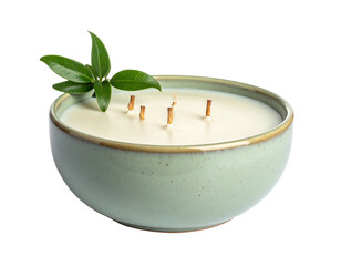Candle in green ceramic bowl with plant