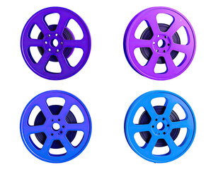 Four reels of film, each glowing neon hues on black