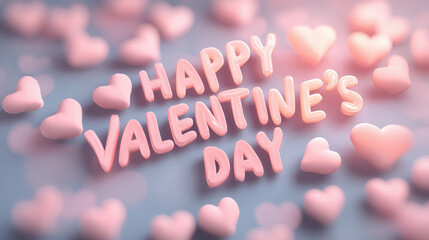 Happy Valentine Day celebration with pink hearts and cheerful text creates romantic atmosphere for love and affection