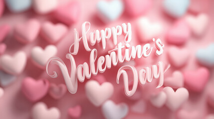 Happy Valentine Day greeting card design features pastel colored hearts in pink and blue, creating romantic and festive atmosphere