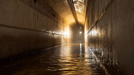 Mysterious tunnel filled with water reflecting light. The walls show signs of dampness and age, adding to the eerie atmosphere. The single light source illuminates the tunnel.