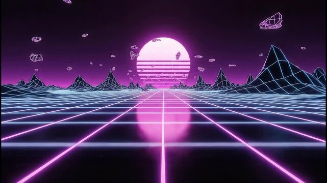 Retro synthwave grid landscape with neon sun and mountains