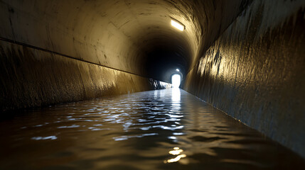 Mysterious tunnel view featuring water. The walls are concrete. The scene is lit by overhead lights and light from the tunnel entrance, creating a contrast between darkness and light.