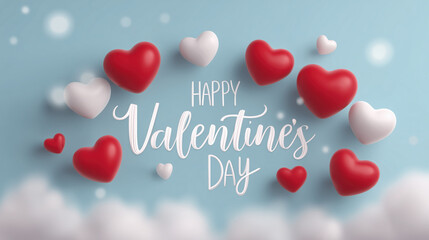 Happy Valentine Day celebration with red and white hearts floating against blue background, creating joyful and romantic atmosphere