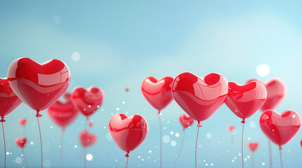 Red heart balloons float in blue sky, creating romantic and joyful atmosphere perfect for celebrations and love