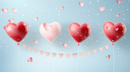 Colorful heart shaped balloons float against soft blue background, creating festive atmosphere filled with love and joy