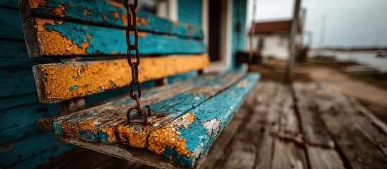 Weathered, wooden swing on porch with peeling blue and orange paint