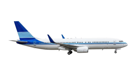 A side view of a commercial passenger jet airplane, blue details