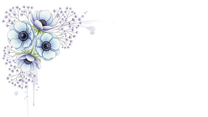 Minimal elegant watercolor corner design featuring anemones and baby's breath in pastel blue and lavender isolated on white background